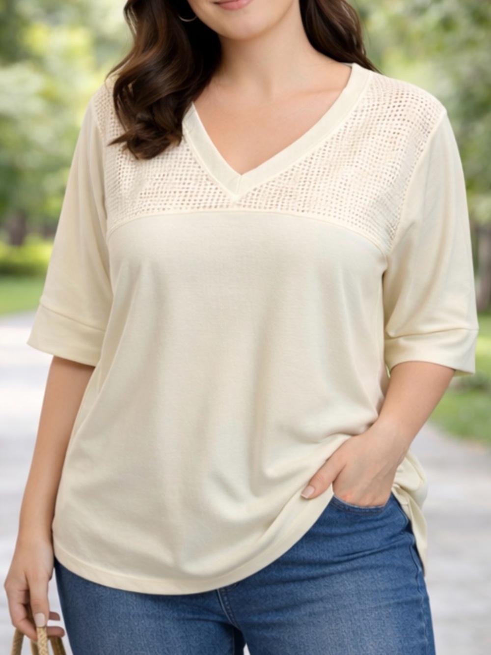 Crochet Yoke V-Neck Short Sleeve Tee - Buttercream Yellow - Picture 1 of 7